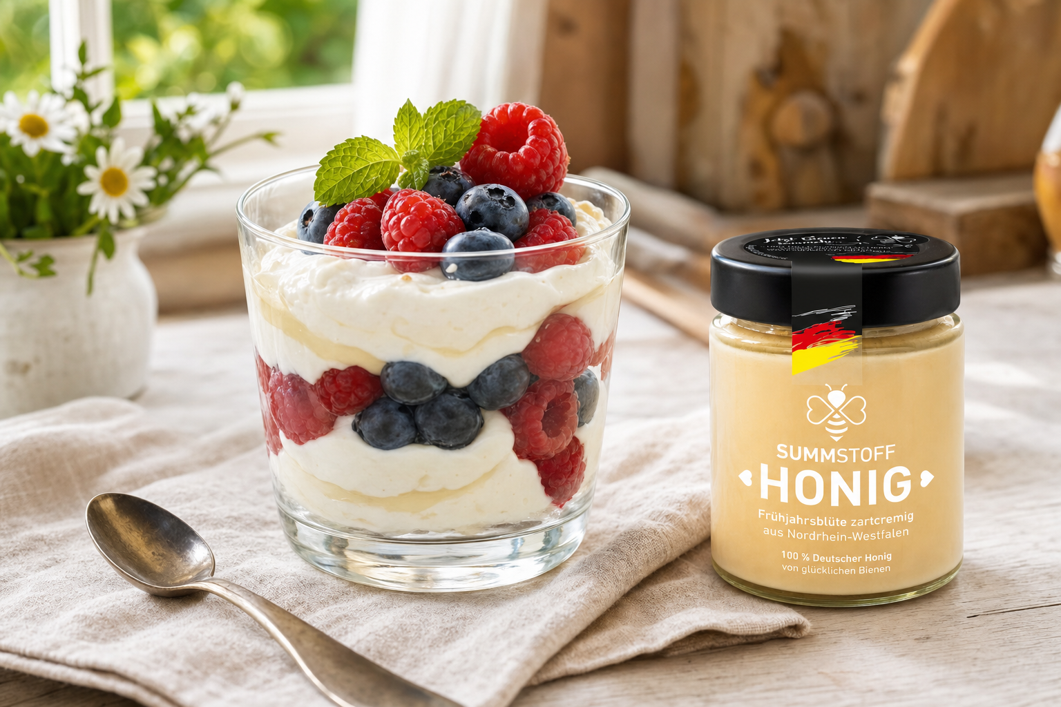 Honig-Quarkspeise mit Beeren