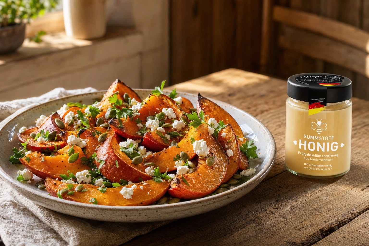 Ofenkürbis mit Frühjahrsblüten-Honig und Feta