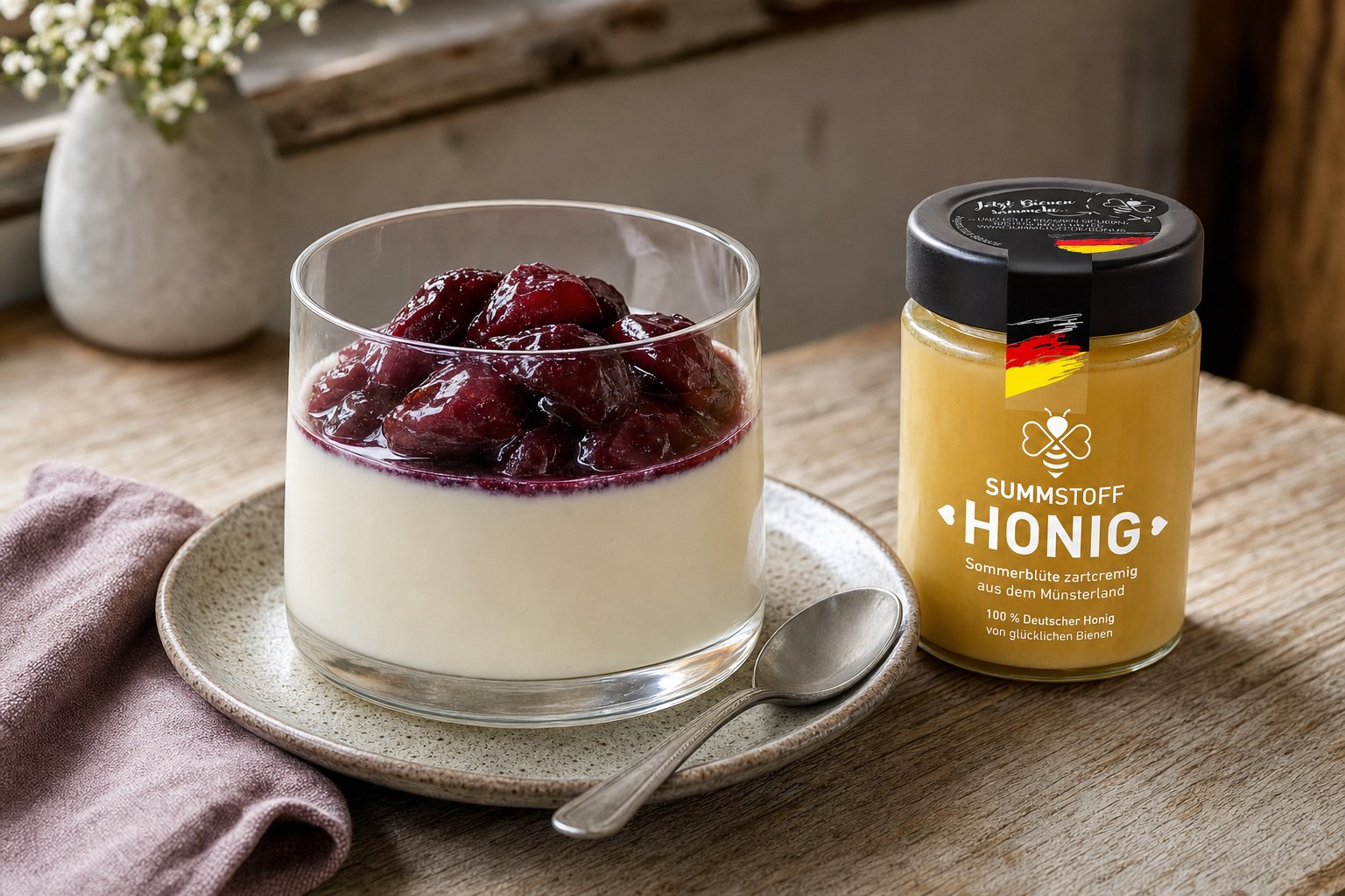 Honig-Panna-Cotta mit Pflaumenkompott