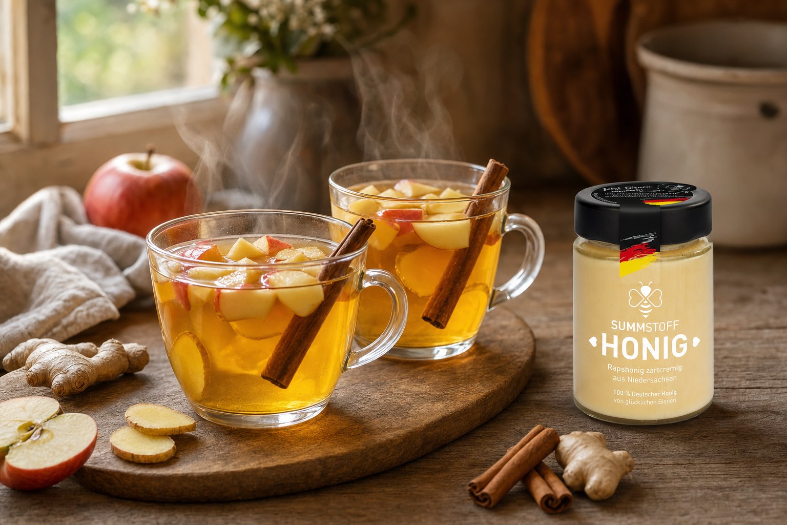 Warmer Apfel-Ingwer-Tee mit Rapshonig