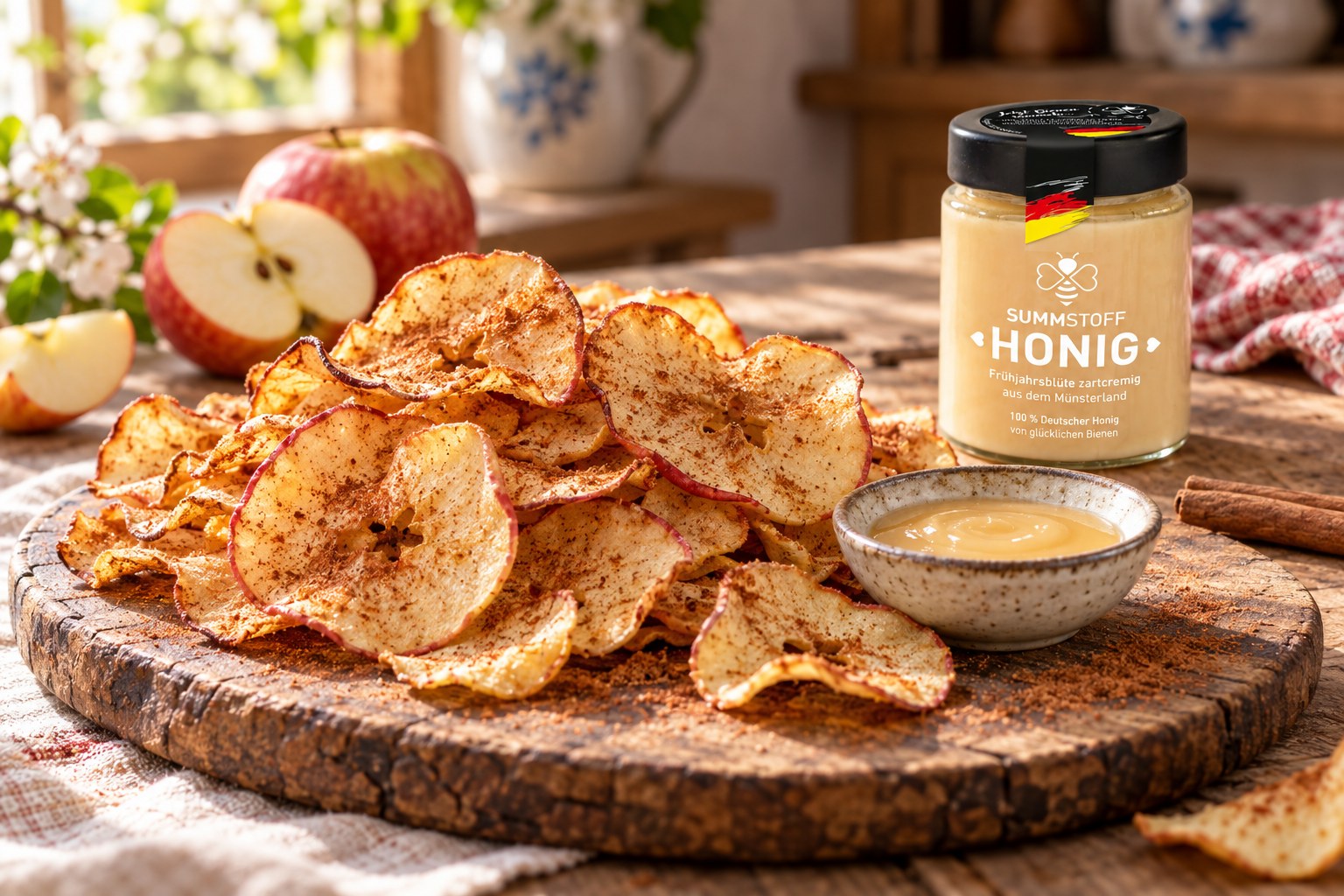 Frühjahrsblüten-Honig-Apfelchips mit Zimt