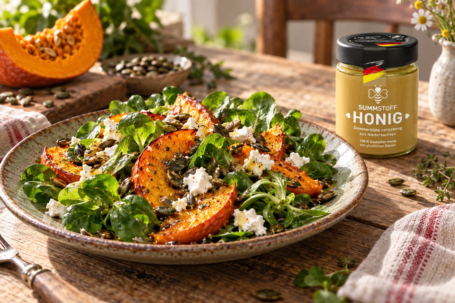 Feldsalat mit Kürbis und Sommerblüten-Honig